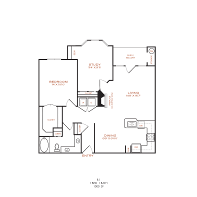 floor plan for the one bedroom apartment at The NEO Midtown