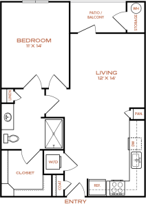 a black and orange floor plan with the words, living room, bedroom, and kitchen at The NEO Midtown